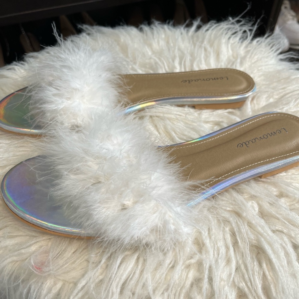 White/ silver furry slides
